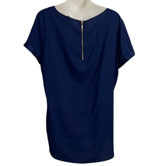 Express Short Sleeve Crepe Round Neckline Cuffed Sleeves Navy Blue Blouse Large - Picture 3 of 8